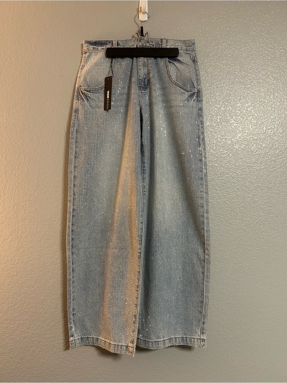 Women’s light blue Rhinestone Non Stretch wide leg Jeans pants size 27